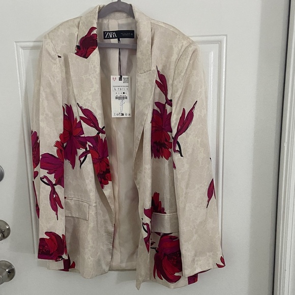 Zara Women's Beige Blazer with Red Floral Design - Picture 1 of 3